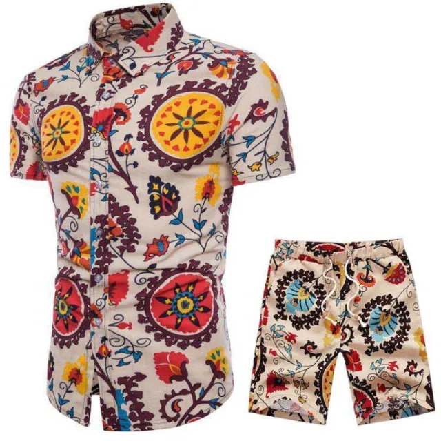 Foreign Trade New Style Men's Casual Suit Ethnic Style Large Size Short sleeved Flower Shirt Pointed Collar Casual Shorts Suit H Xl - Shop at LoveMi