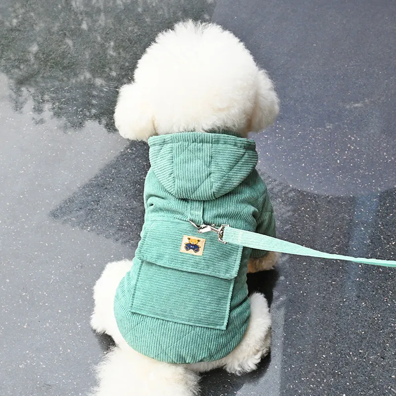 Towable Dog Clothes Thickened Warm Backpack Pet Cotton Coat - Green Traction Rope