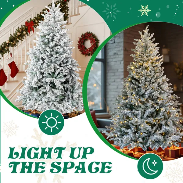 7 FT Pre-lit Snow Flocked Christmas Tree, Artificial Hinged Xmas Pine Tree With 1100 Branch Tips, 400… image 5