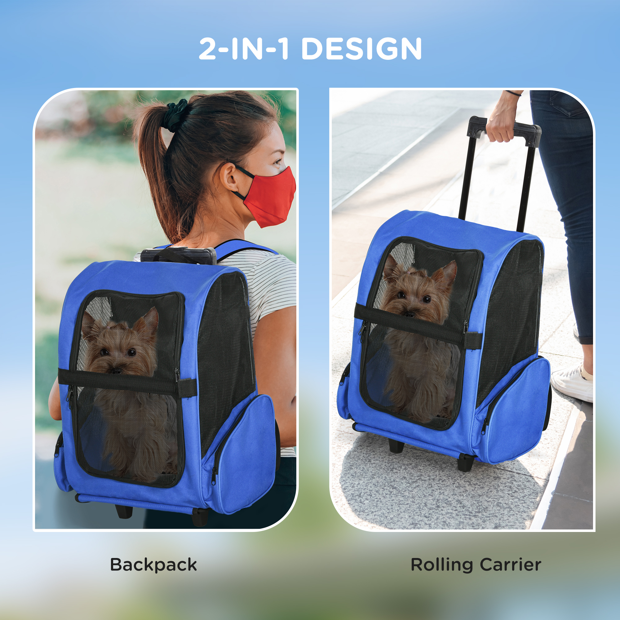 2 In 1 Pet Carrier Trolley And Backpack With Extendable Handle And Wheels Lightweight Oxford Travel Bag For Dogs Cats