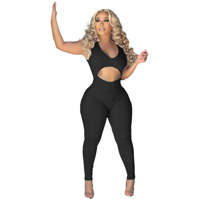 Solid Color Cut out Deep V Casual Jumpsuit Black - Shop at LoveMi