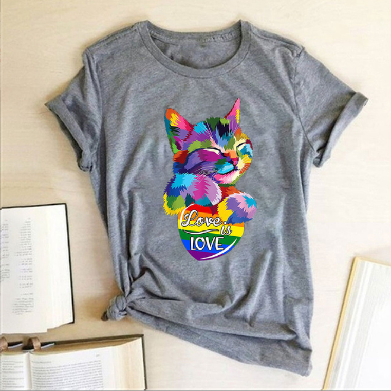 Title 7, Colorful Cat LOVE Letter Print Female T-shirt