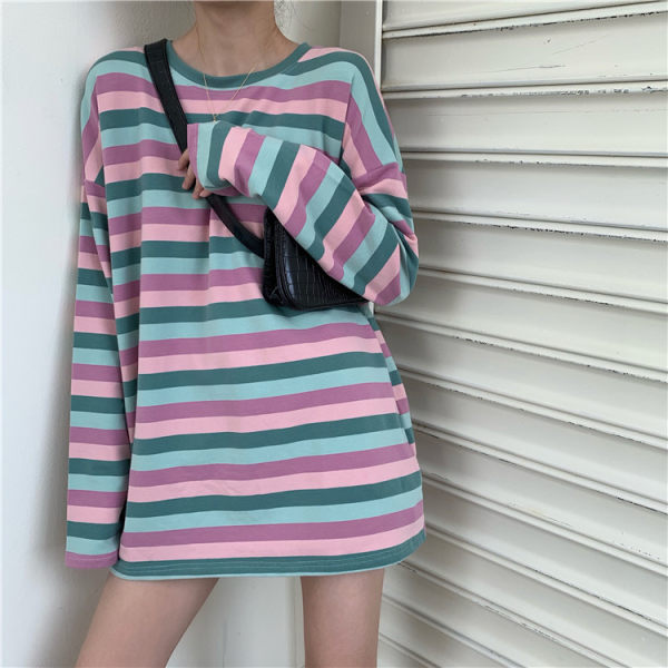 Title 2, Versatile Rainbow Stripe loose bottoming long s...