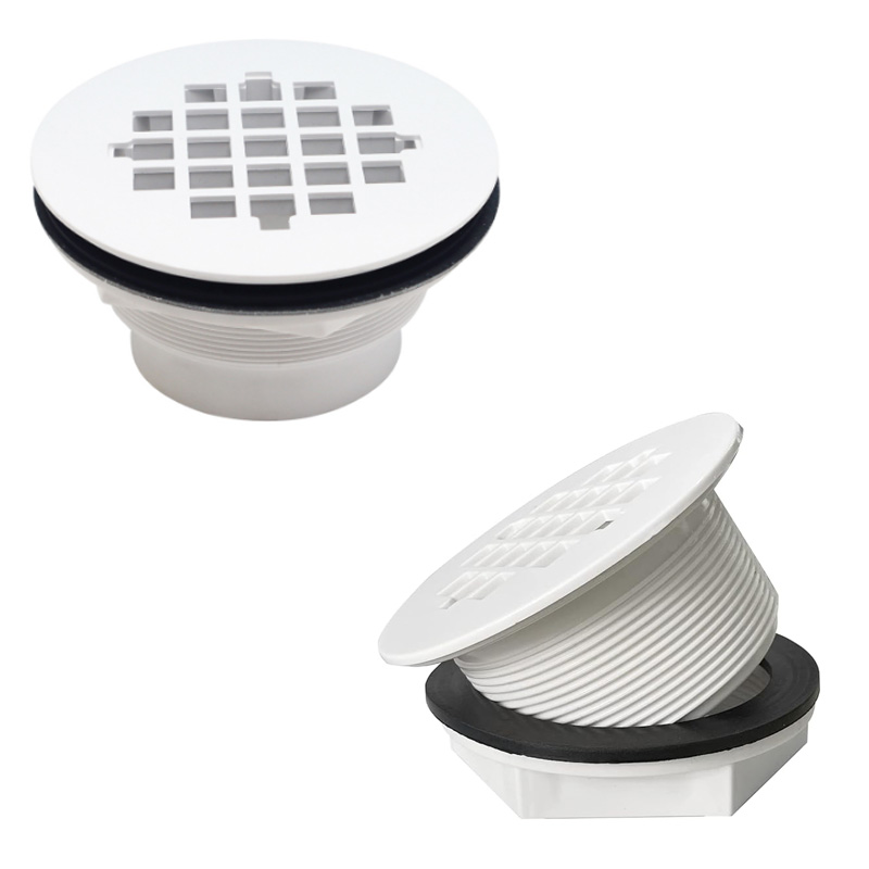 2 Inch PVC Shower Base Drain, Round White Plastic Shower Receiver Drain With Grid Strainer Cover