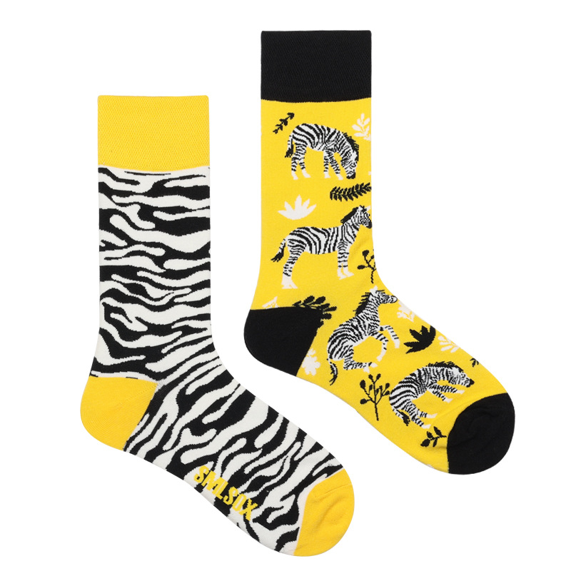 Asymmetrical Color Retro Personality Male And Female Couple Mid-length Cotton Socks
