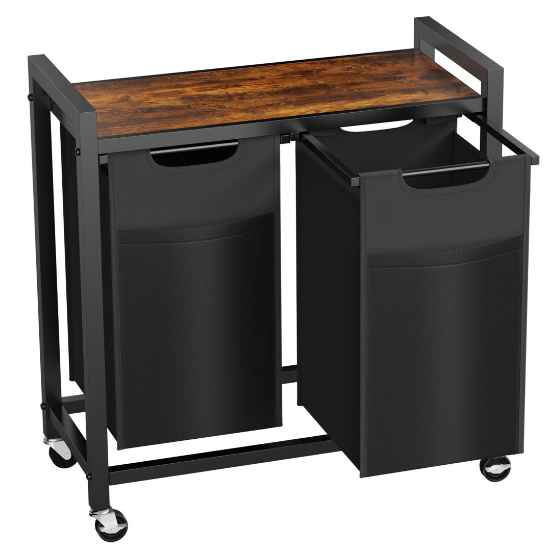 Laundry Hamper With 3 Pull-Out Removable Laundry Bags Clothing Sorter With Shelf And Wheels-Adjustable Feet-3 X 8.6 Gallons -32.5 Liters