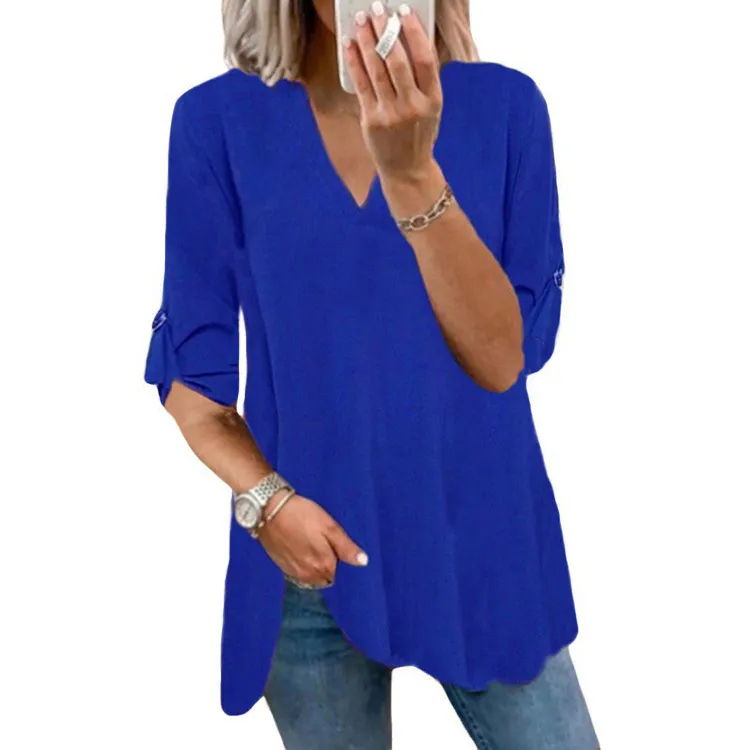 Solid Colour V-Neck Pullover Loose Women's Top Chiffon Blouse - Royal Blue