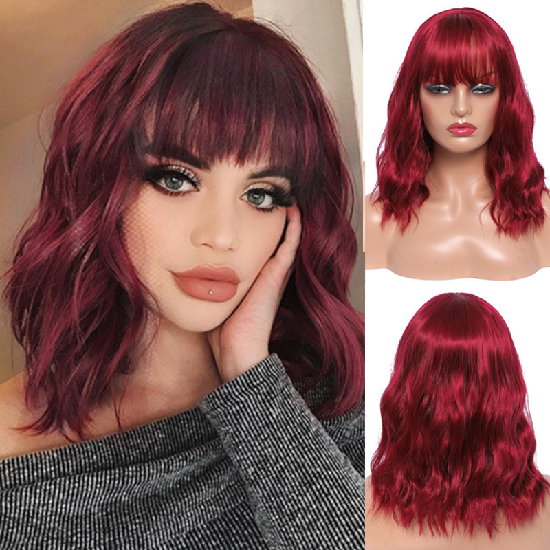 Fashion Ladies Chemical Fiber Air Liu Hai Ripple Wig Head Cover Wine Red - Shop at LoveMi