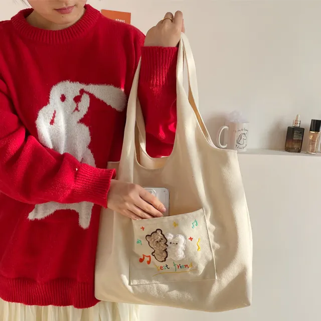Embroidered Canvas Large Capacity Shopping Bag Red - Shop at LoveMi