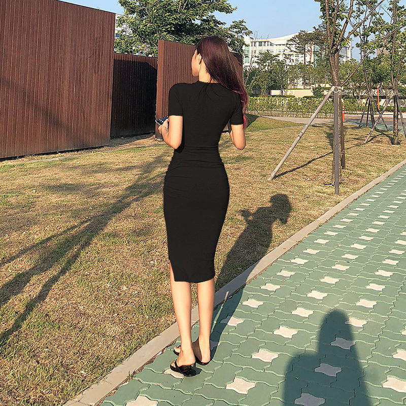 Skinny Sheath Dress Slim-fit Short-sleeved Pleated Long