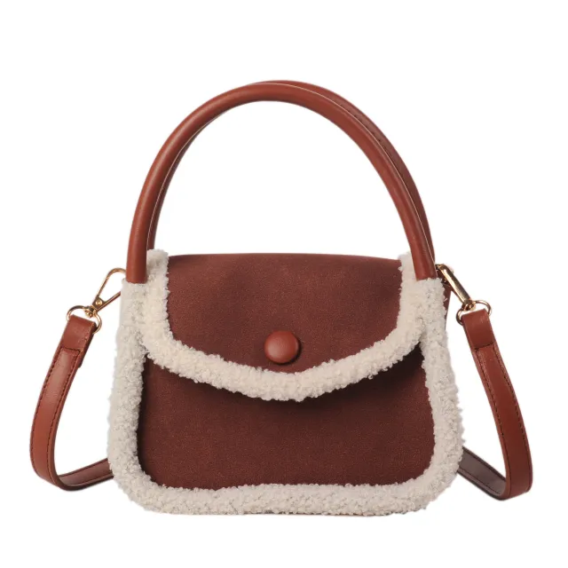 Fashion Lamb Plush Handbag One Shoulder Diagonal Saddle Bag Brown - Shop at LoveMi