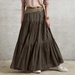 Solid Colour Pleated Loose Fitted Long Skirt - Brown - View 1