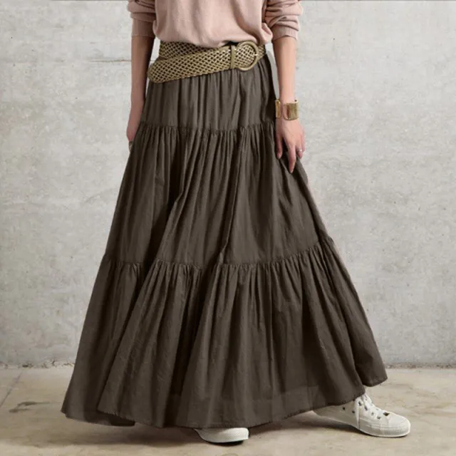 Solid Color Pleated Loose Fitted Long Skirt Brown - Shop at LoveMi