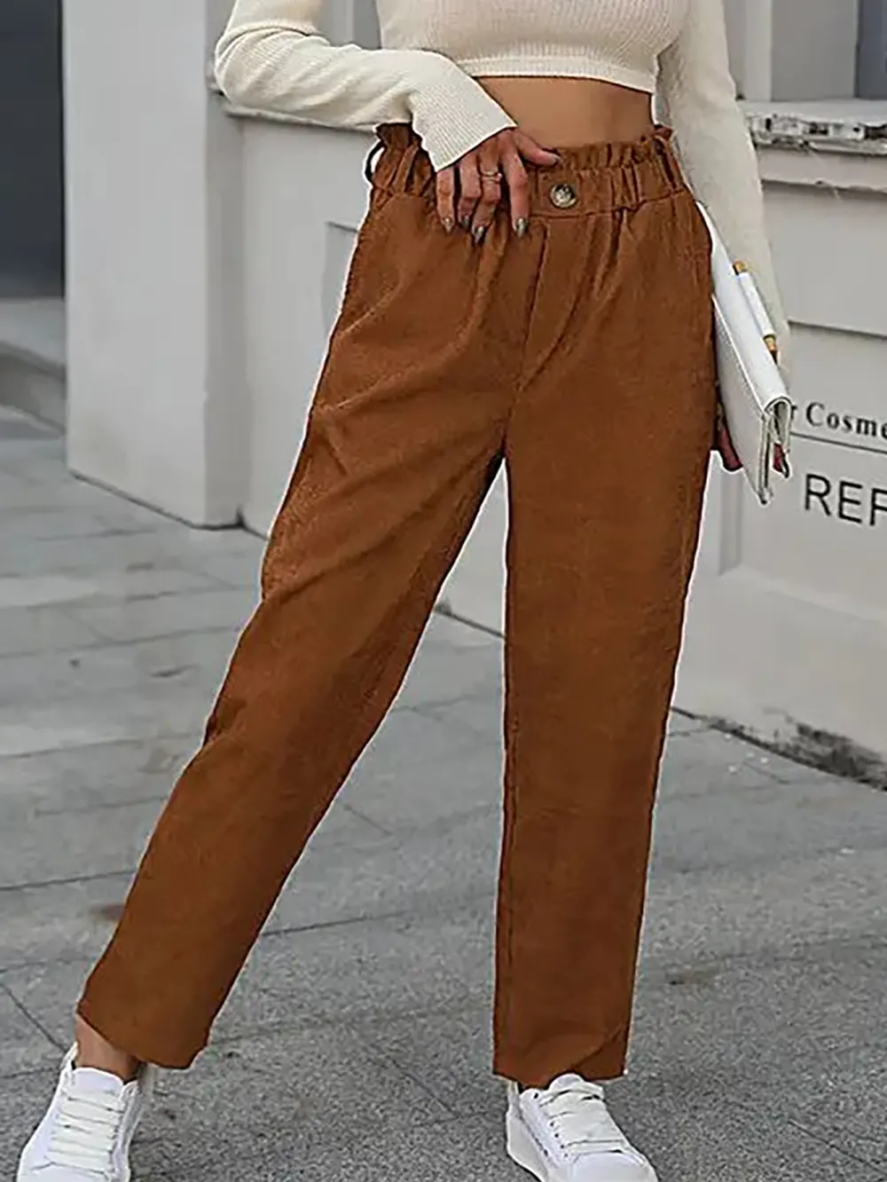 Women's Corduroy Paper Bag Waist Straight Leg Pants