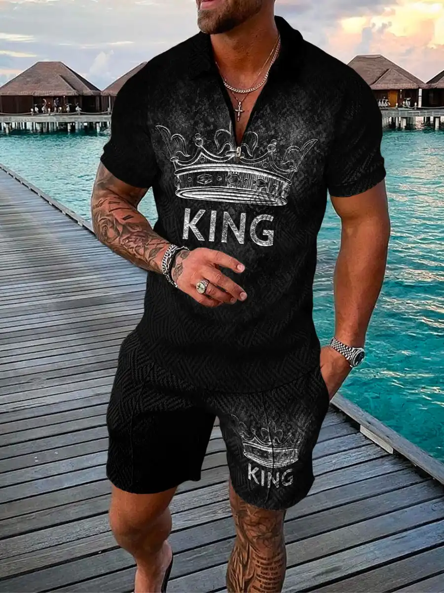 Men's Summer Fashion 3D Printed Short Sleeve Geometric Zip Lapel Shirt Set