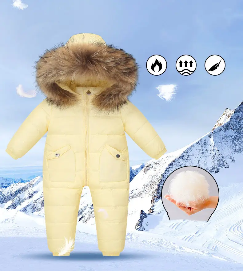 The Baby Wears White Eiderdown Over a Onesie