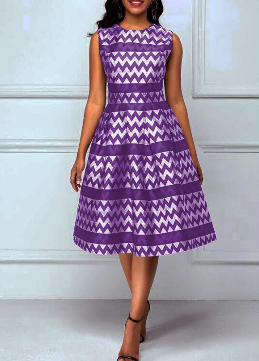 Women's Round Neck Geometric Print Sleeveless High Waist Swing Dress