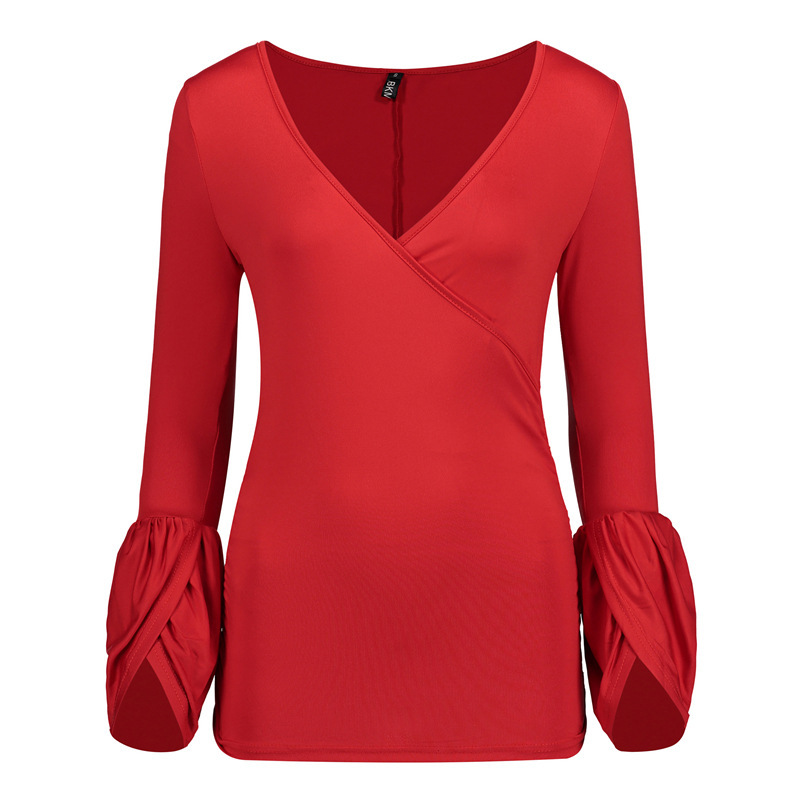 Sexy V-Neck Long-Sleeved Solid Color Fashion Bottoming T-Shirt