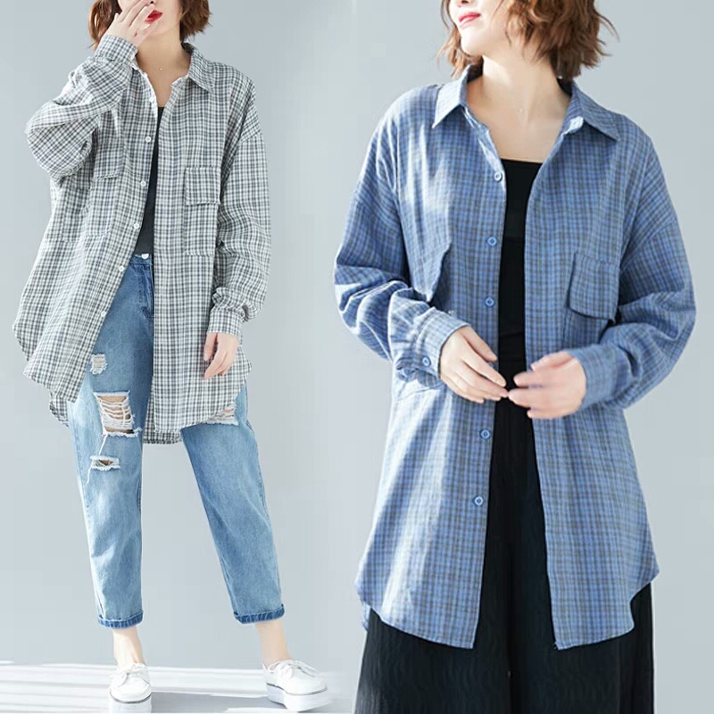 Title 2, Lapel Plaid Long-sleeved Shirt Age-reducing Bel...