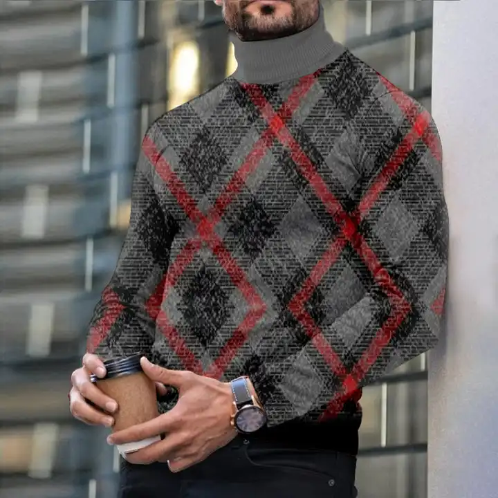 Autumn Winter Men's Long Sleeve Turtleneck T Shirt Printed Casual Top