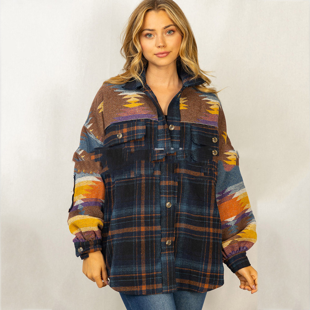 AZTEC Plaid Stitched Wool Coat Women Lapel Pocket Dark Blue - Shop at LoveMi