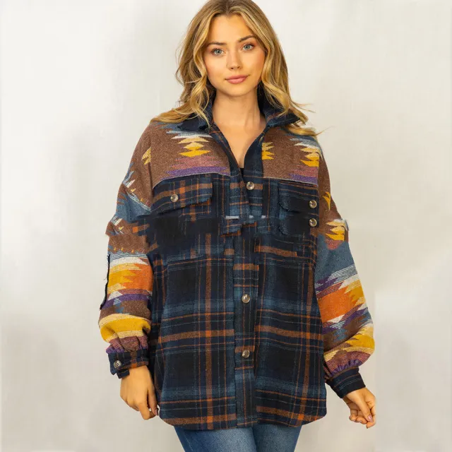 AZTEC Plaid Stitched Wool Coat Women Lapel Pocket Dark Blue - Shop at LoveMi