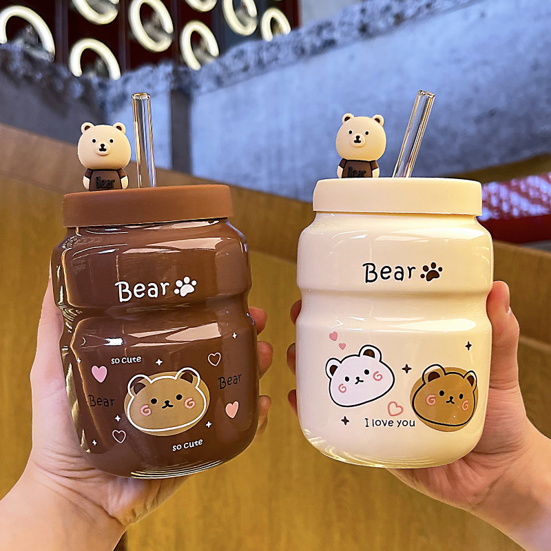 Cartoon Bear Ceramic Straw Cup Mug