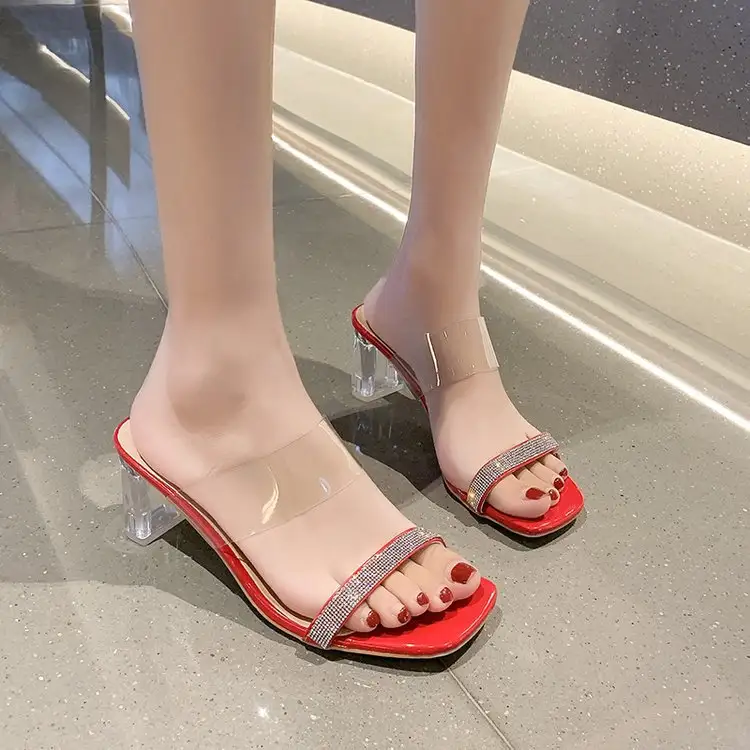 One Word With Crystal And European And American Large Size High-heel Slippers