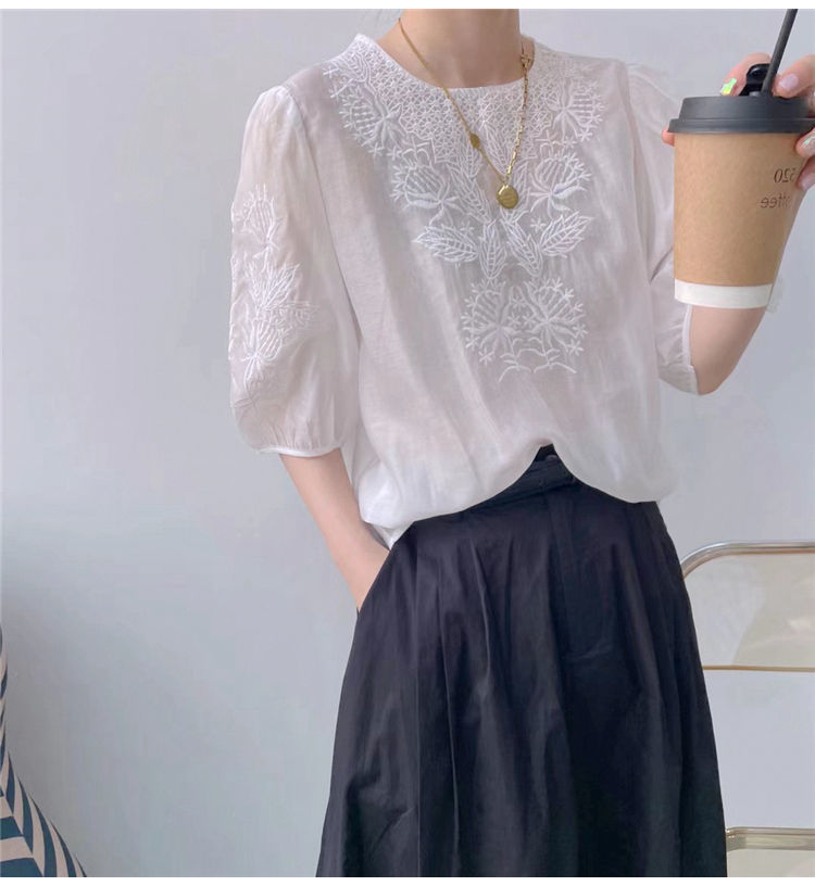 European Heavy Industry Embroidered Lace Blouse With Short Sleeves White - Shop at LoveMi