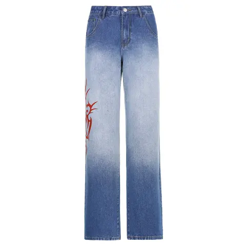 Retro Gradient Printed Washed Straight Skinny Jeans Women