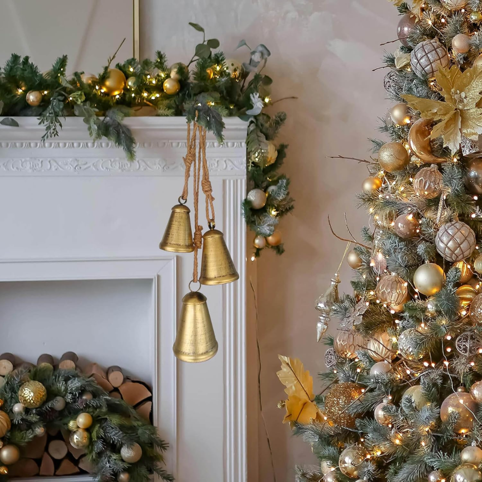 3PCS Christmas Brass Bells, Rustic Vintage Hanging Bells, Antique-Style Holiday Decorations For Door, Porch, Wreath & Mantel