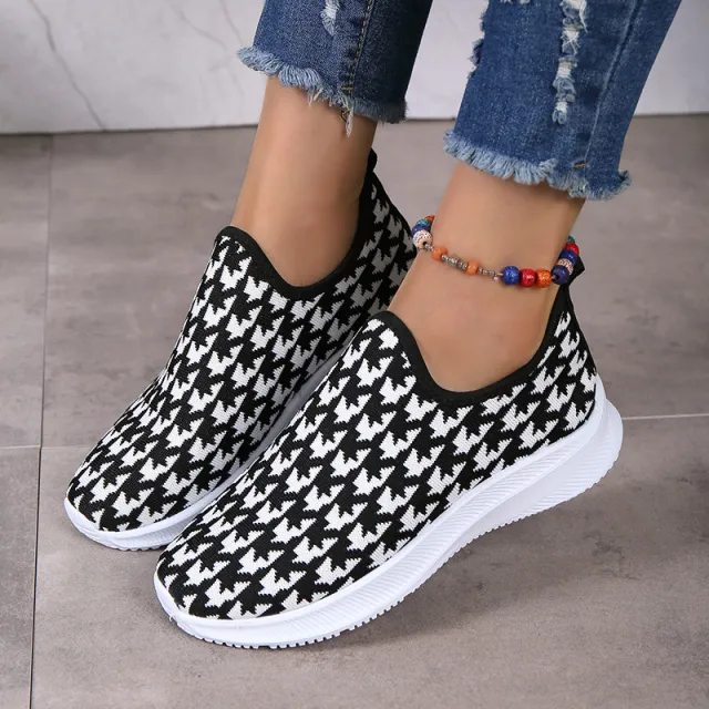 Houndstooth Print Sneakers Round Toe Mesh Flats Shoes Black - Shop at LoveMi