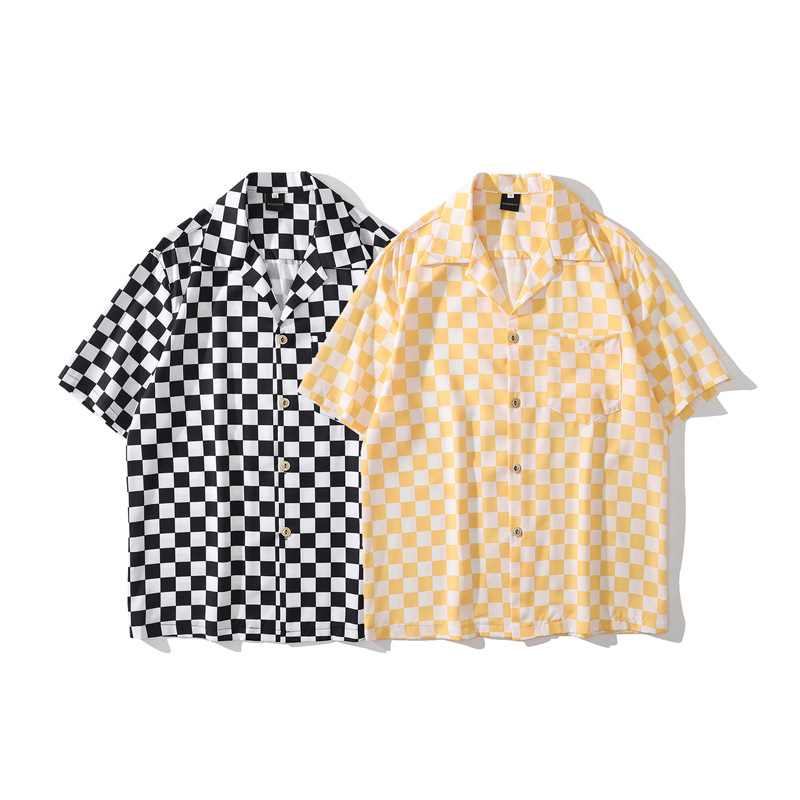 Japanese Retro Black And White Plaid Print Short Sleeved Shirt