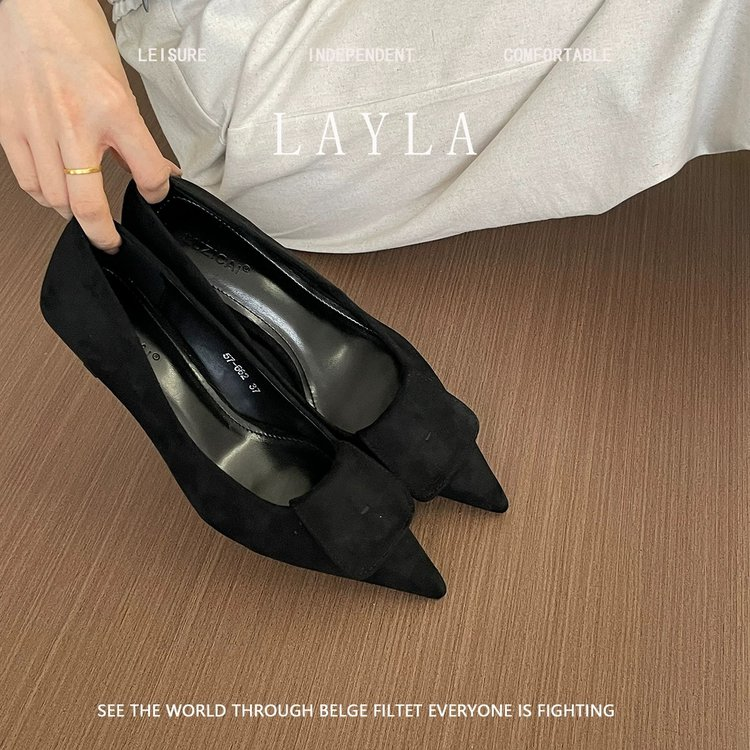 Elegant French Pointed Toe High Heels For Women, Velvet, Slim Heel, Spring 2025 New Collection, Versatile Low-Cut Commute Shoes