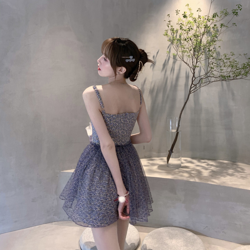 Floral Mesh Sling Dress Female Summer Seaside Vacation Fluffy Short Skirt