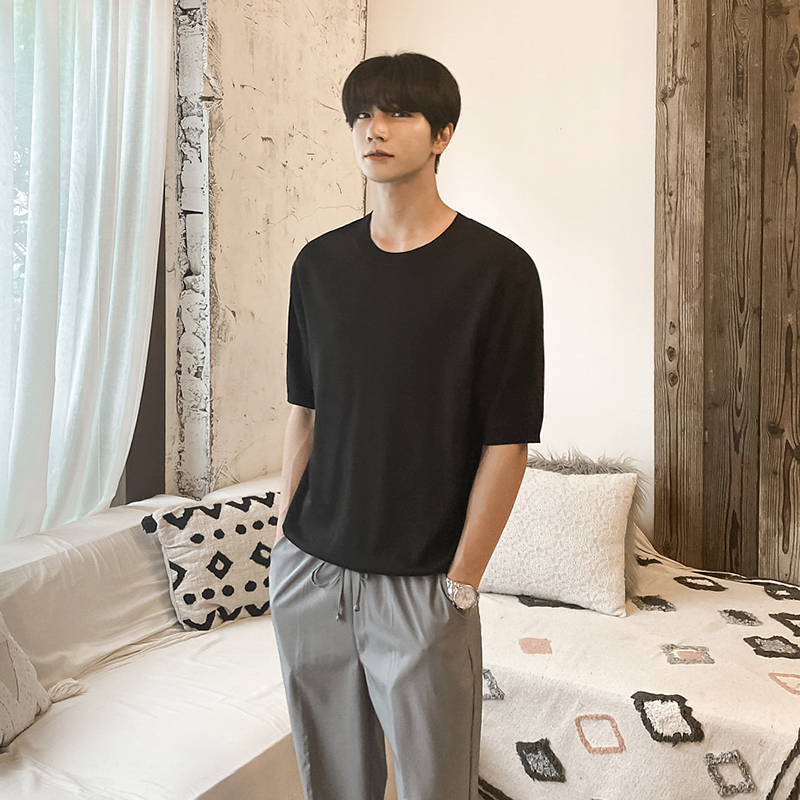 Ice Silk Knitted Short Sleeve T-shirt Men's Korean Style Sweater