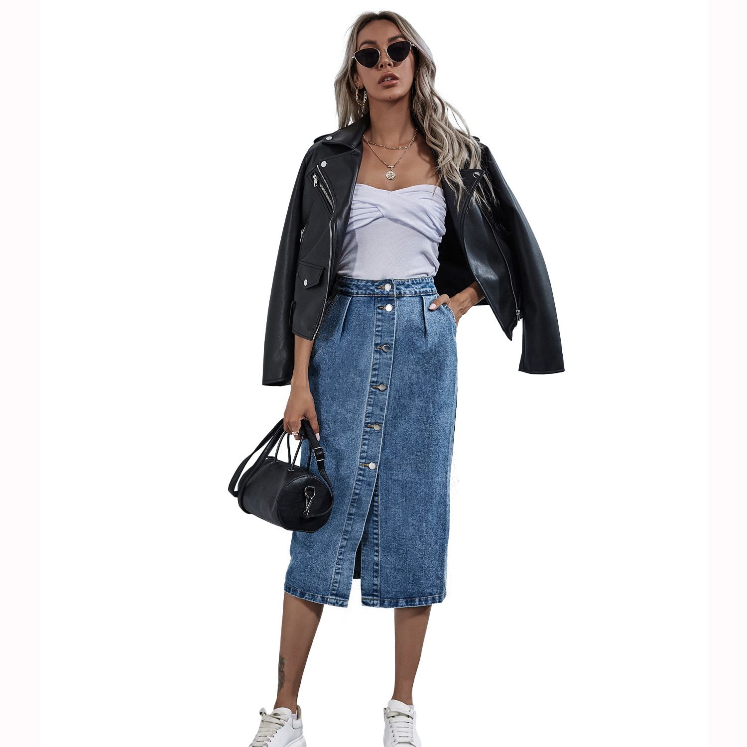 High-waisted Single-breasted Denim Skirt