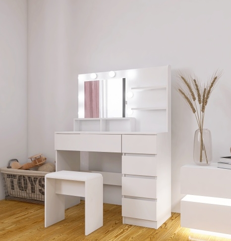 Vanity, Makeup Vanity Desk Set With Mirror & Light, Dressing Table Storage Lots With Power Strip, 3 Lighting Modes With Adjustable Brightness, 37 Inches White With Stool — foto 3