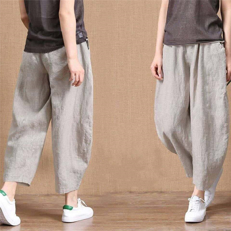 Title 1, Cotton Linen Pants Elastic Waist Vintage Trouse...