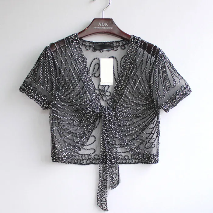 Shawl Over Short Sleeved Cardigan - Black White