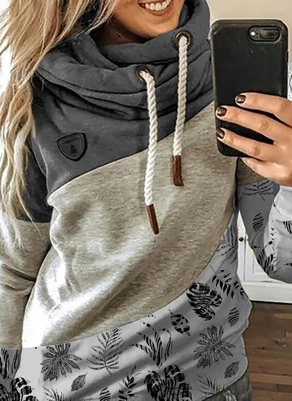 Printed stitching hooded fleece loose sweatshirt Grey2 - Shop at LoveMi