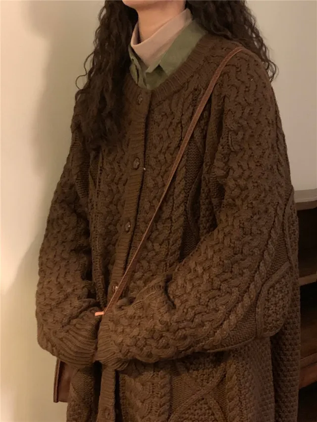 Women's Autumn And Winter Loose Vintage Knitwear Thickened Fried Dough Twists Sweater Cardigan Brown - Shop at LoveMi