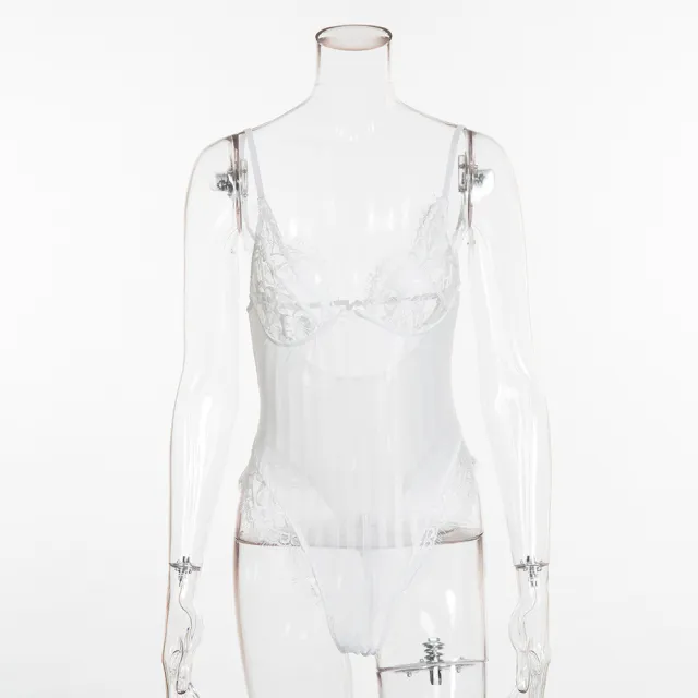 Women's New Lace Stitching Striped Perspective Jumpsuit White - Shop at LoveMi