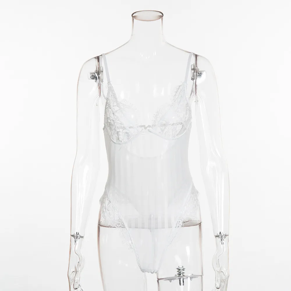 Women's New Lace Stitching Striped Perspective Jumpsuit - White