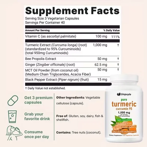 Pure Turmeric Curcumin 1000mg 120 Capsules With Ginger Black Pepper And Vitamin C For Joint Health — view 5