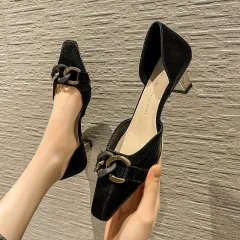 New Style Square Toe Single Shoes Women's Square Toe Mid-heel Work Shoes - Black - View 1