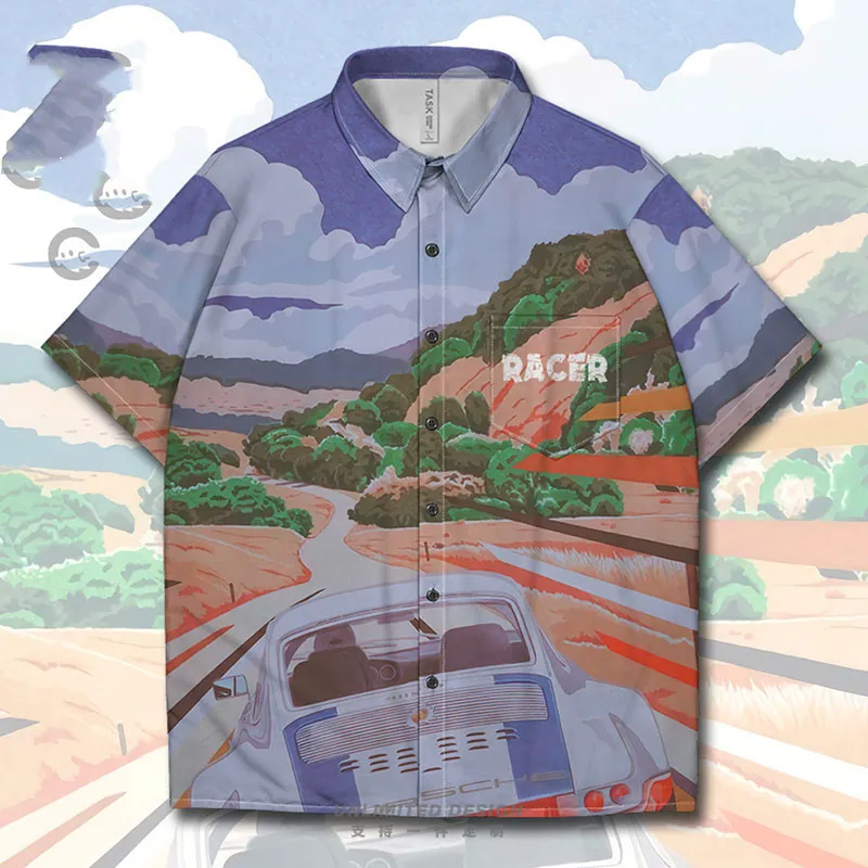 Set Unbounded Cartoon Wild Car Driving Wheat Field Oil Painting Short Sleeve - 2 Style-2Xl