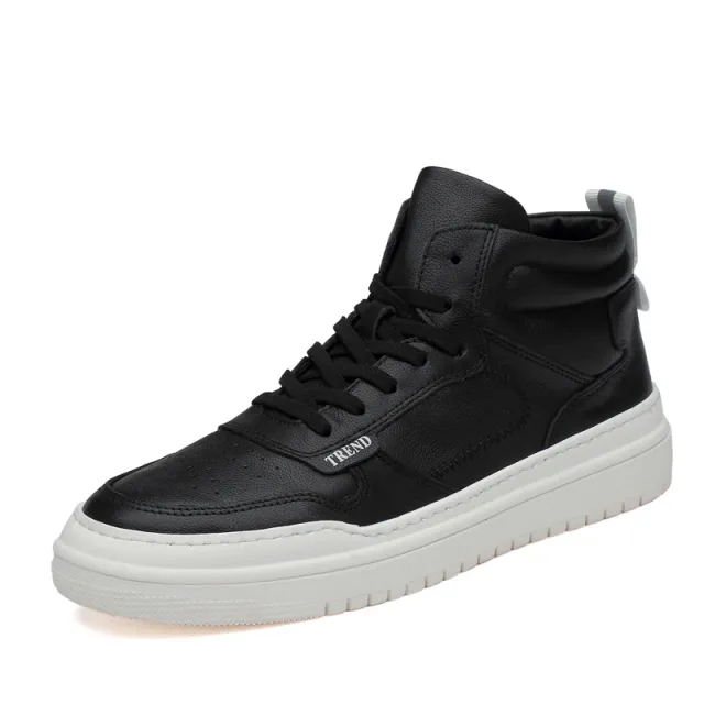 Men's Korean Trend High Top Sneakers Leather Sports Black - Shop at LoveMi