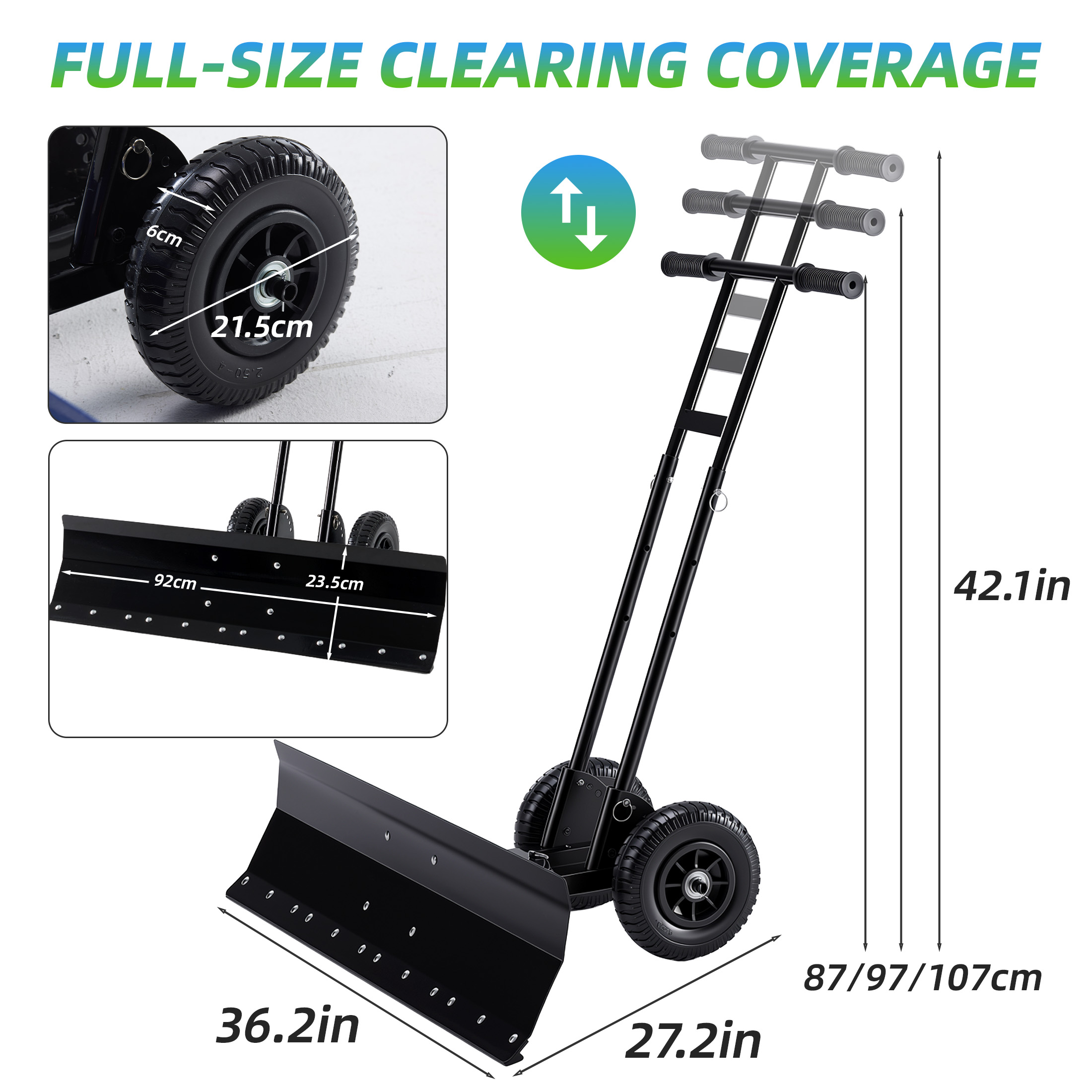 Adjustable Wheeled Snow Pusher, Q235 Carbon Steel Snow Removal Tool For Yard & Driveway image 3