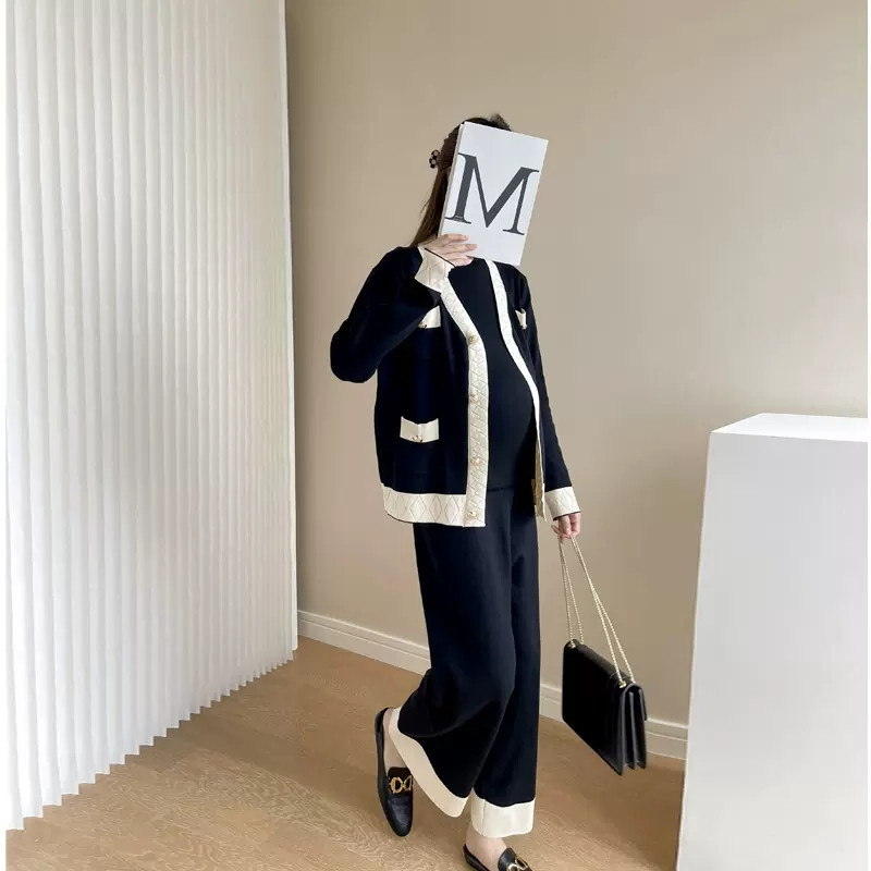 Maternity Suit Small Fragrance Ladies Temperament Long-sleeved Trousers Knitted Two-piece Set